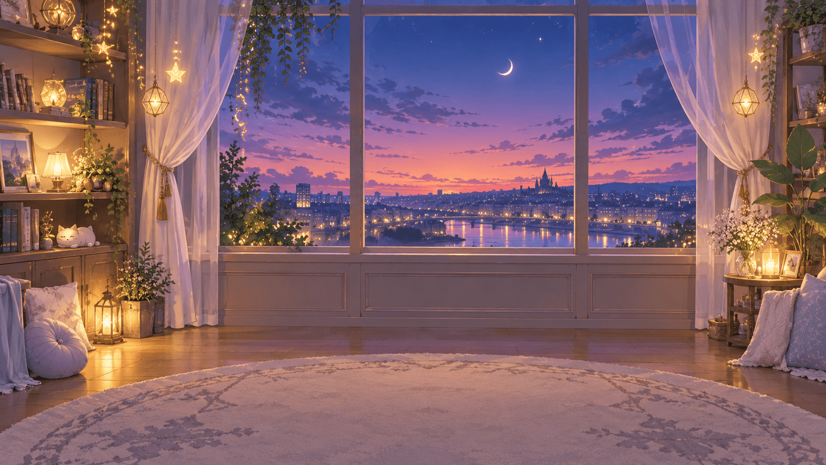VTuber配信背景の静止画の入力例。夕暮れの空が見える窓と照明のある部屋で、人物を重ねやすいよう中央を空けている