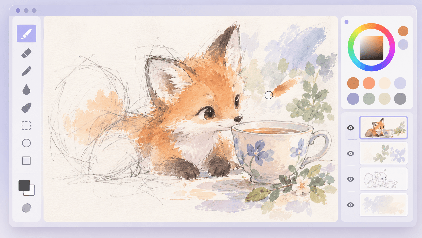 手書きお絵描き機能の開発イメージ。ペイントソフトの画面で、キツネとティーカップの下描きや色塗りを進める様子を表現したイラスト