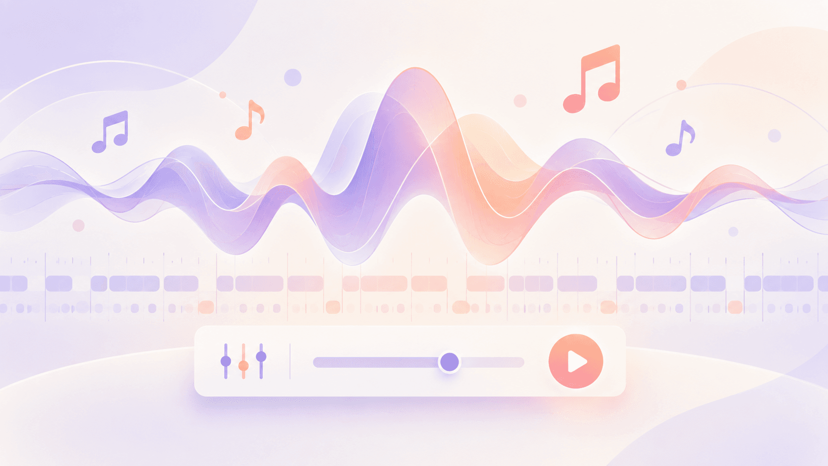 曲作成機能の開発イメージ。音楽の波形や音符、再生操作を表現したイラスト