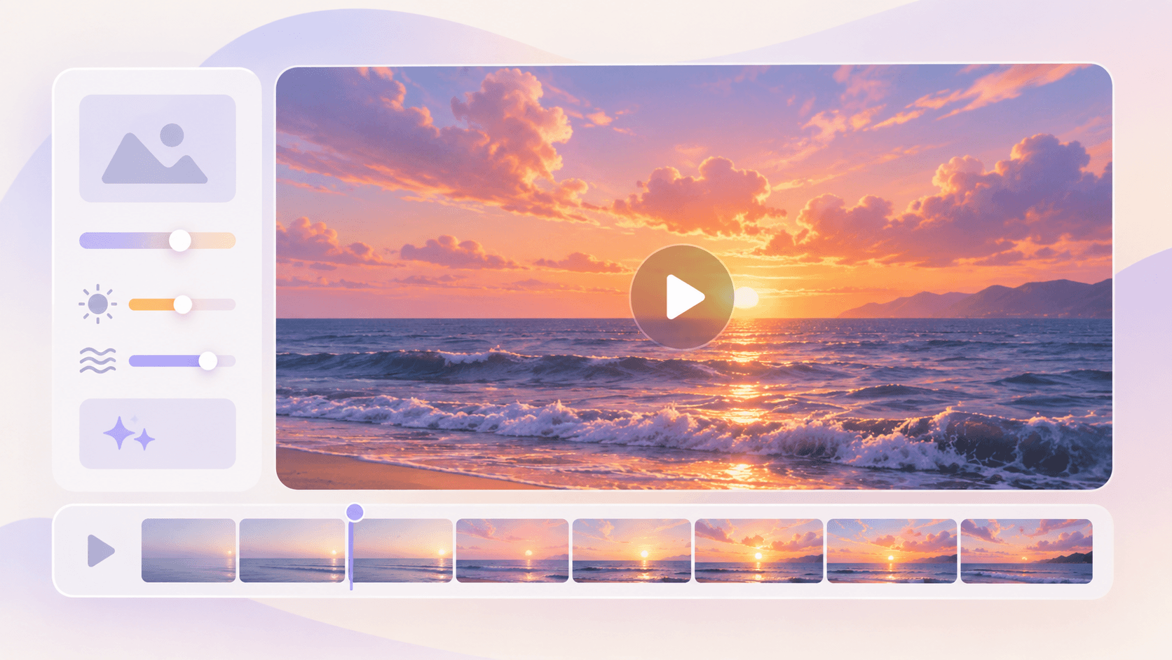 動画づくりを伝える機能イメージ。夕暮れの海と操作画面を表現したイラスト