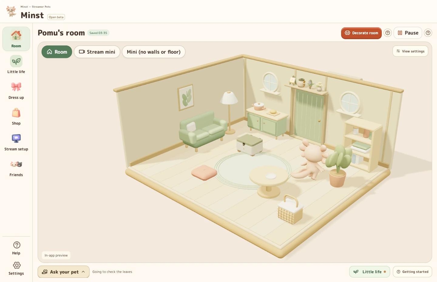Minst app screen: Home