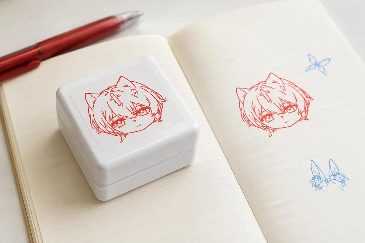 ノートにキャラクターのスタンプを押して楽しむ制作イメージ