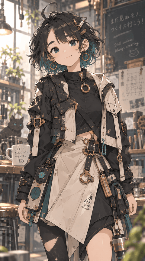 キャラ生成機能で作成したアニメタイプの例。黒とベージュの衣装のキャラがカフェにいる