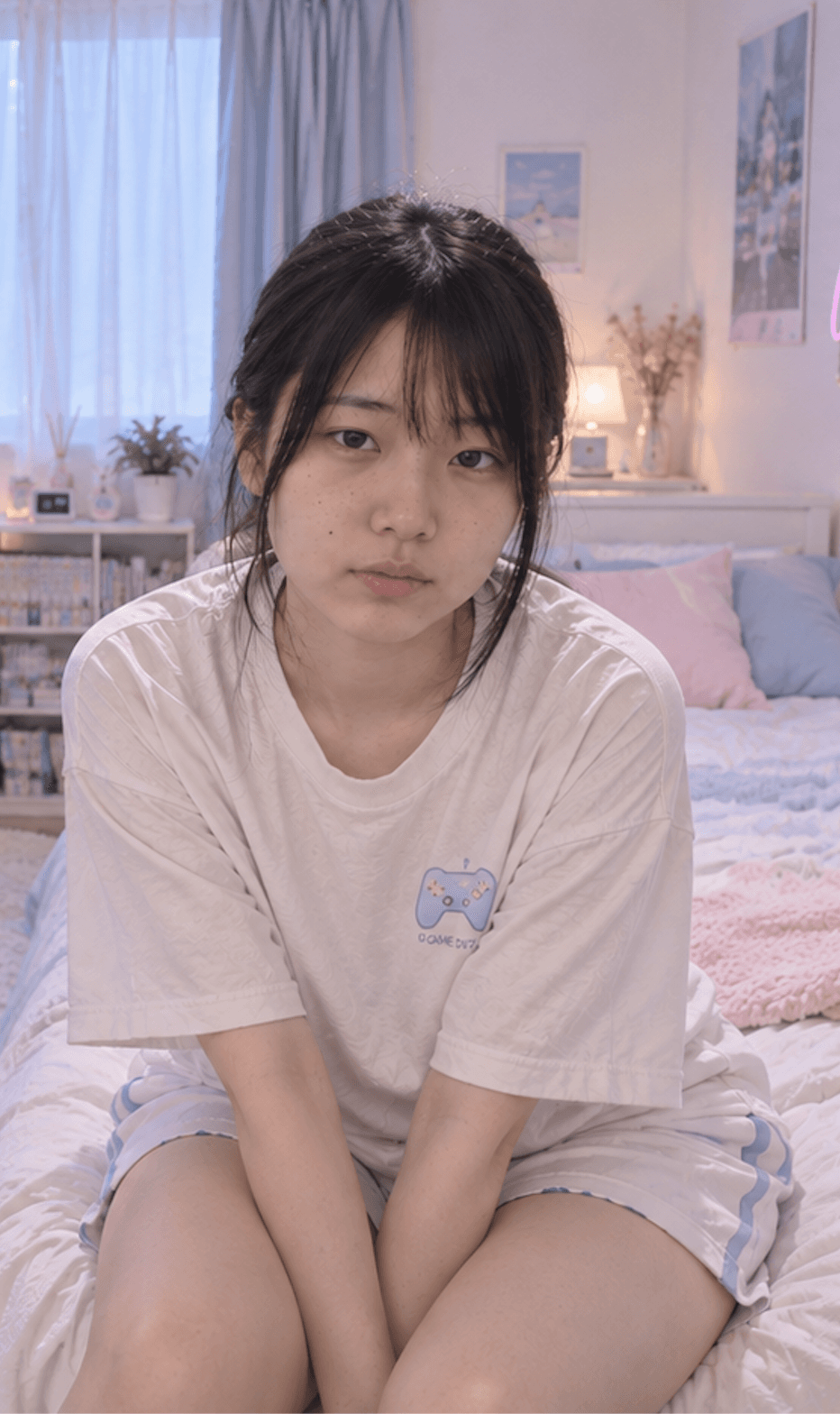 キャラ生成機能で作成した実写タイプの例。白いTシャツの人物が部屋に座っている