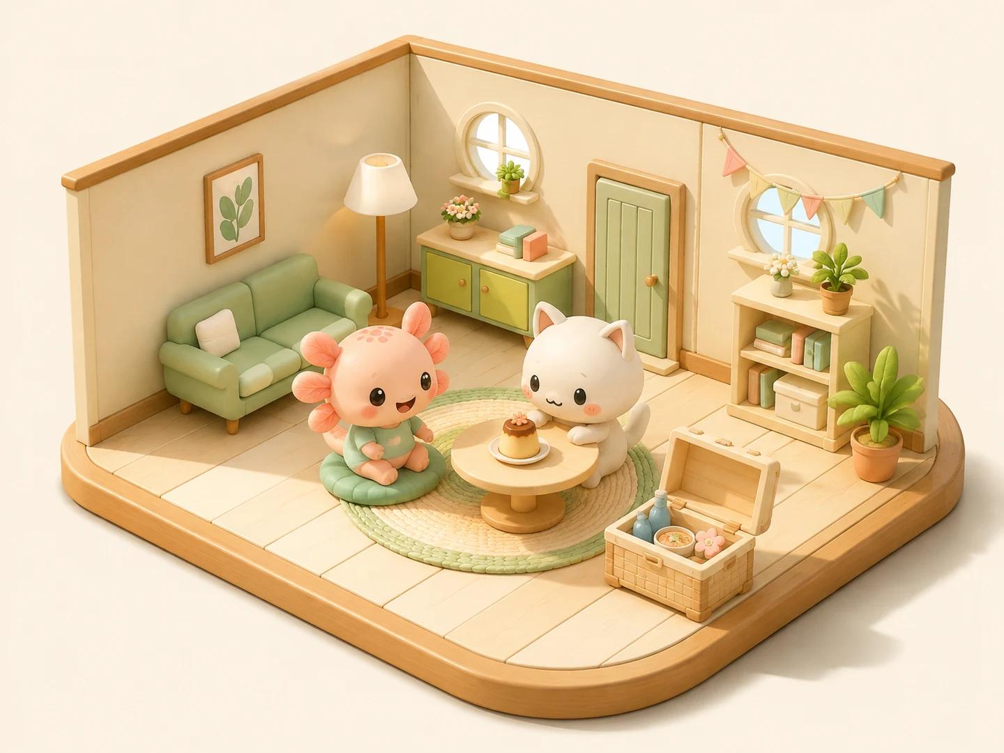 木のお部屋で、ぽむとミルクねこが一緒におやつを楽しむイメージ